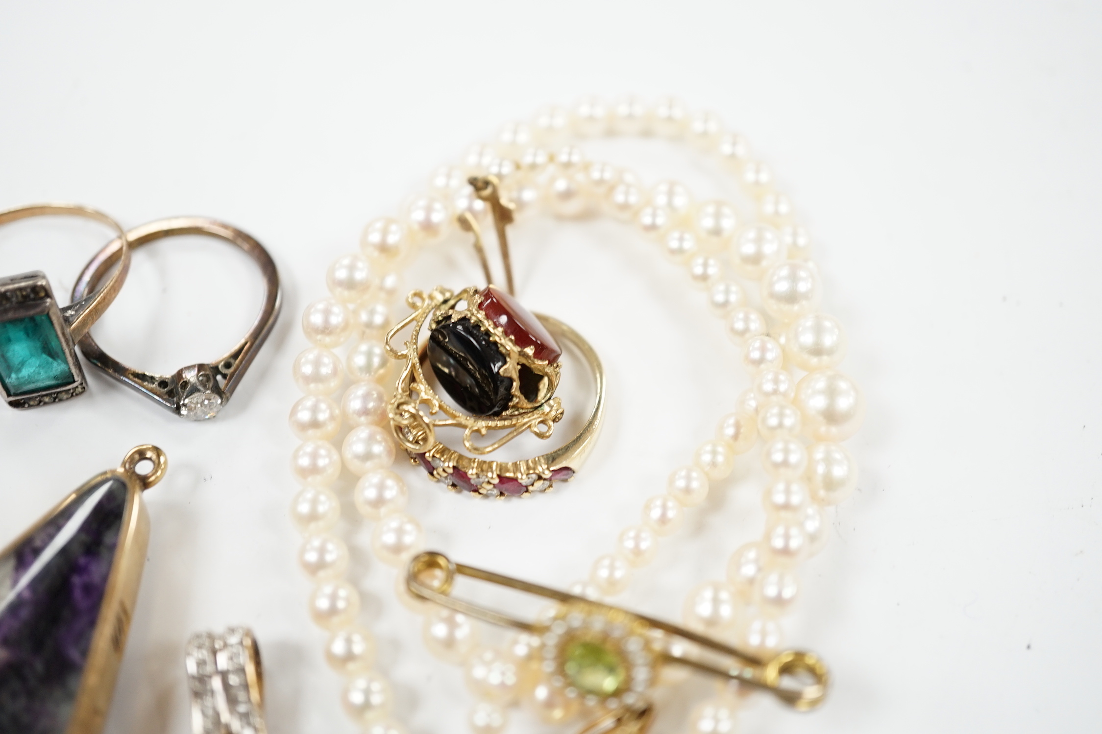 A small group of mainly modern 9ct jewellery including three gem rings, including solitaire diamond, five gem set pendants, including 9ct gold mounted banded agate and blue john, by David Scott Walker, a pair of lapis la